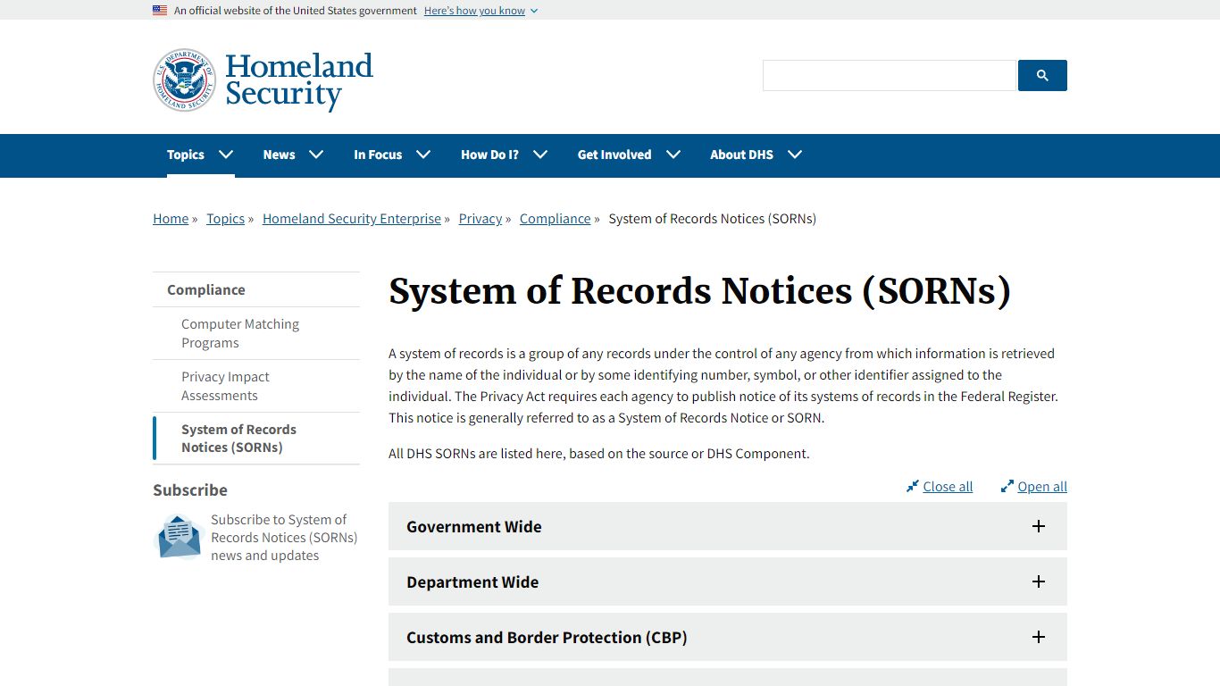 System of Records Notices (SORNs) | Homeland Security - DHS