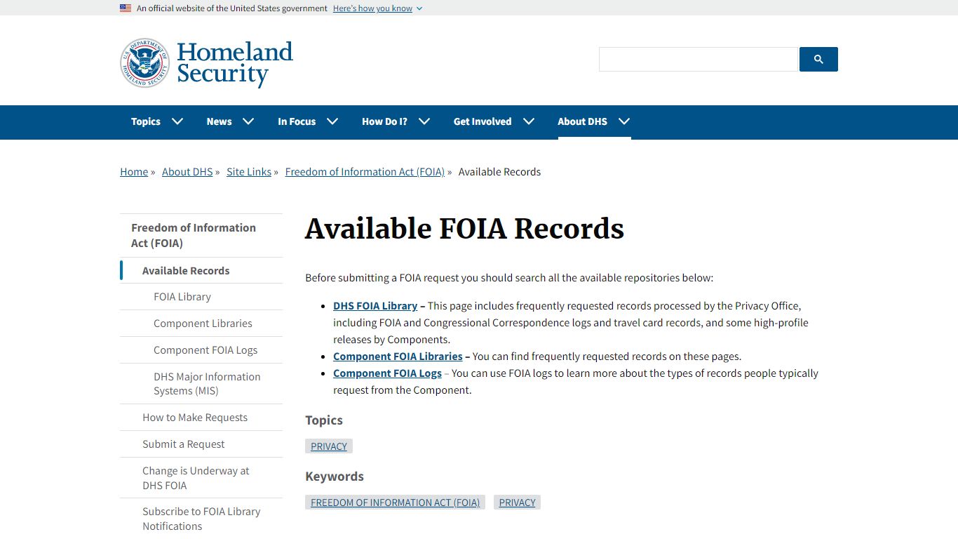 Search Available Records | Homeland Security - DHS